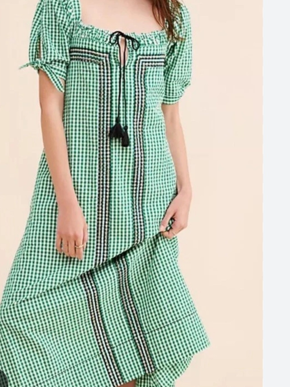 Free People Cass baby doll seersucker gingham green maxi bow square neck cotton